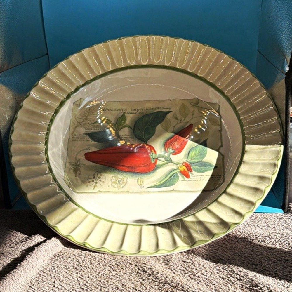 Zrike Sorrento Handpainted Italy Round Ceramic Tray Pepper Botanical Glossy